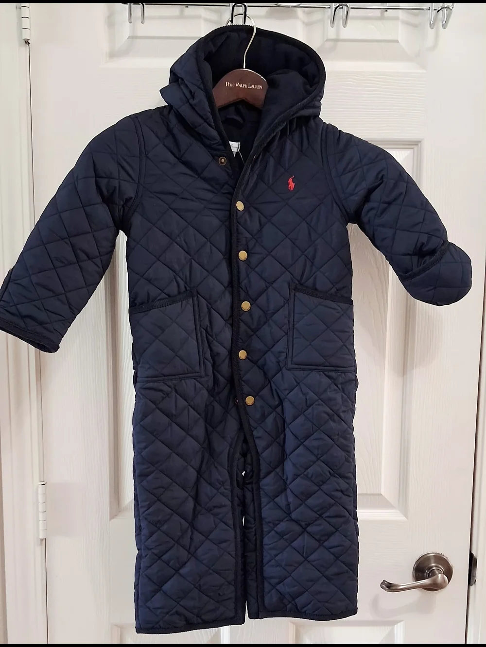 Ralph Lauren Quilted Navy Hooded Puffer Romper with Red Pony
